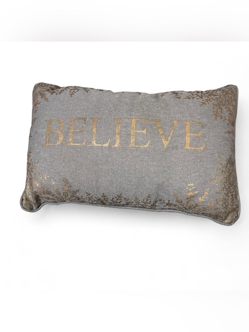 Holiday 'Believe' Decorative Pillow in Gold on Gray